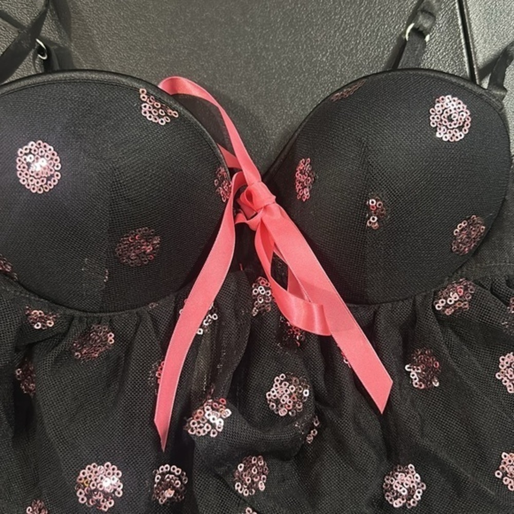 Victoria's Secret Black Mesh Sequin Push-Up Bra with Pink Ribbon